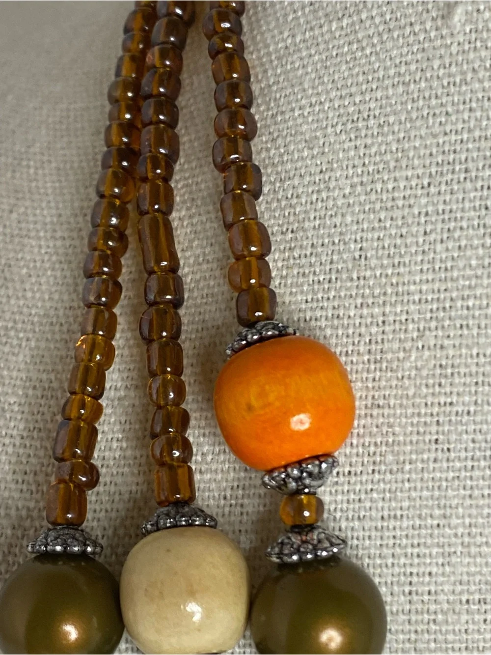 Wood Bead Multi Strand Necklace Boho Orange Blue Green Cream Artisan Handmade